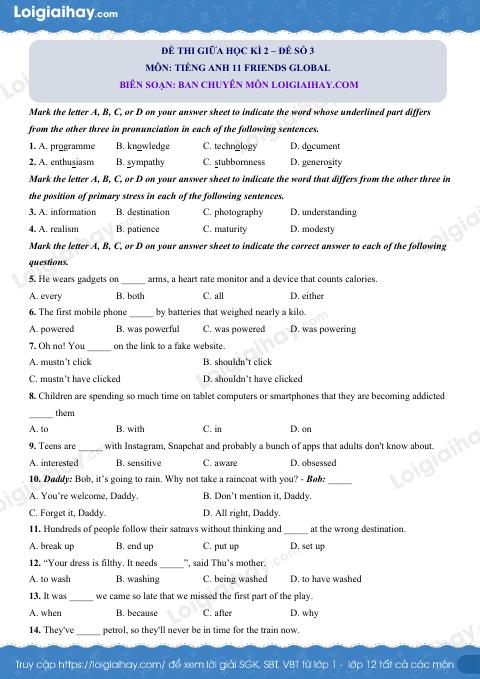 Đề thi giữa kì 2 Tiếng Anh 11 Friends Global - Đề số 3
